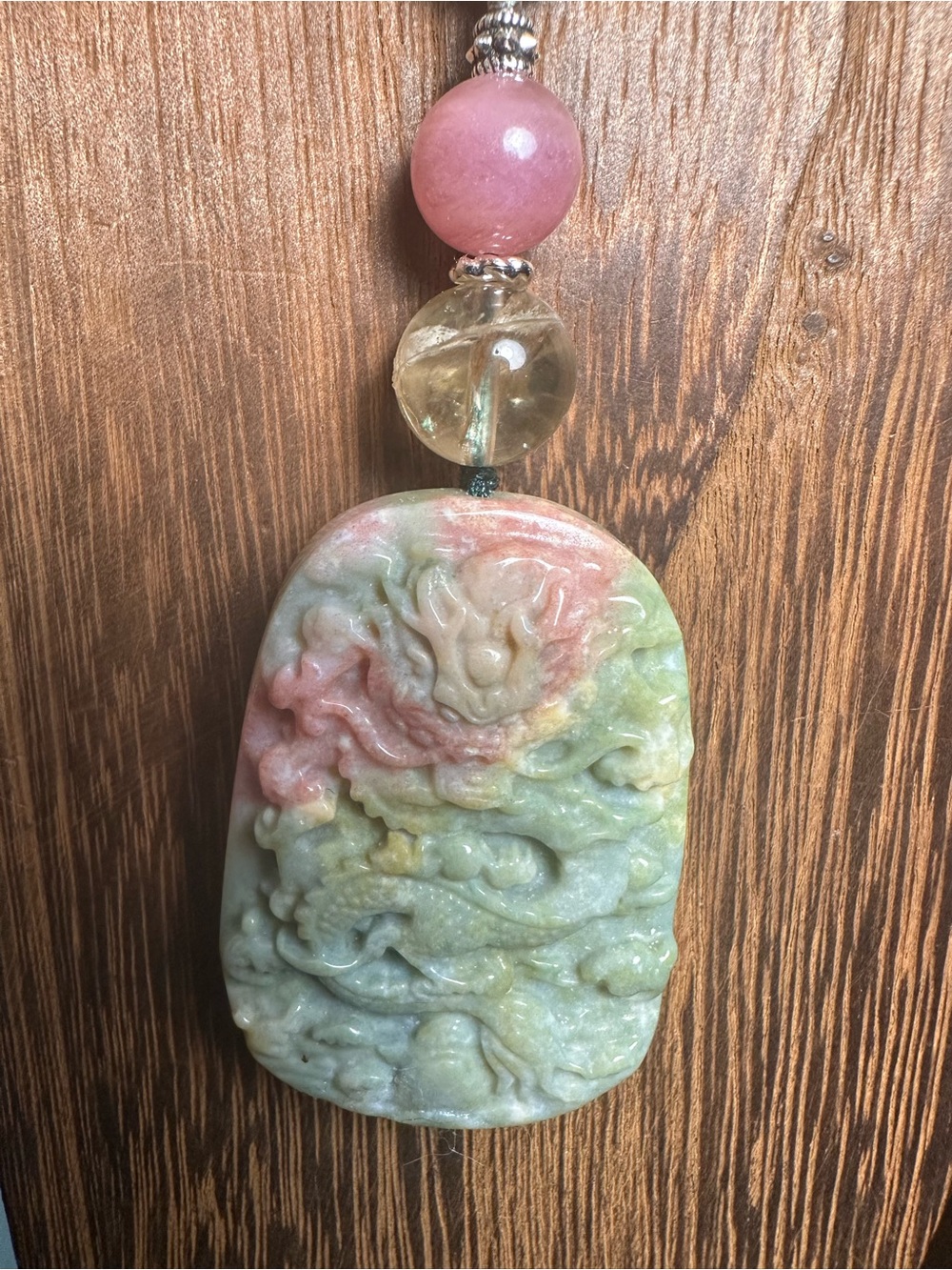 Ocean Jasper Dragon Pendant Necklace with Citrine and Rose Quartz on Brown Rope - Picture 5 of 16